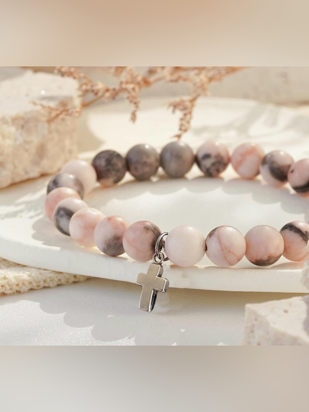 Beaded Pink and Gray Cross Charm Bracelet
